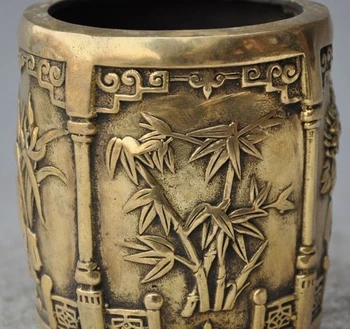 

china brass Merlin bamboo and chrysanthemum lucky statue brush pot pencil vase