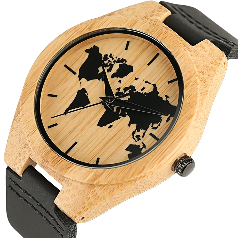 

Fashion Genuine Leather Band Strap Creative Men Women Quartz Wood Watch Black World Map Carving Nature Bamboo for Gift