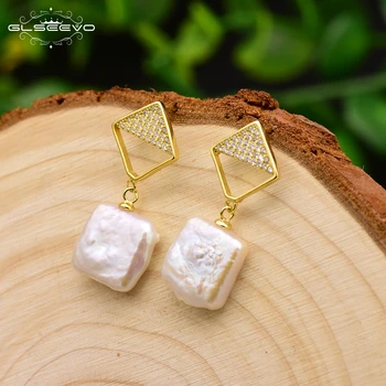 

XlentAg Natural Square Flat Baroque Pearl Drop Earrings For Women 925 Sterling Silver Pave Zircon Dangle Earrings Jewelry GE0634
