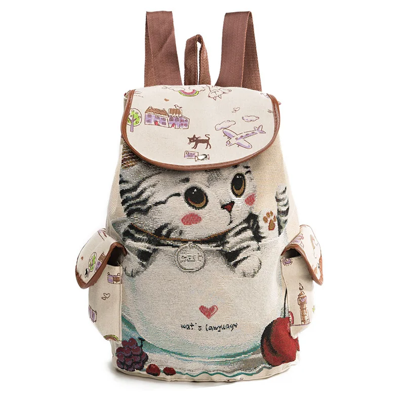 

Cat Embroidered Women Backpack for School Teenagers Girl Vintage Stylish School Bag Ladies Canvas Fabric Backpack Female Bookbag