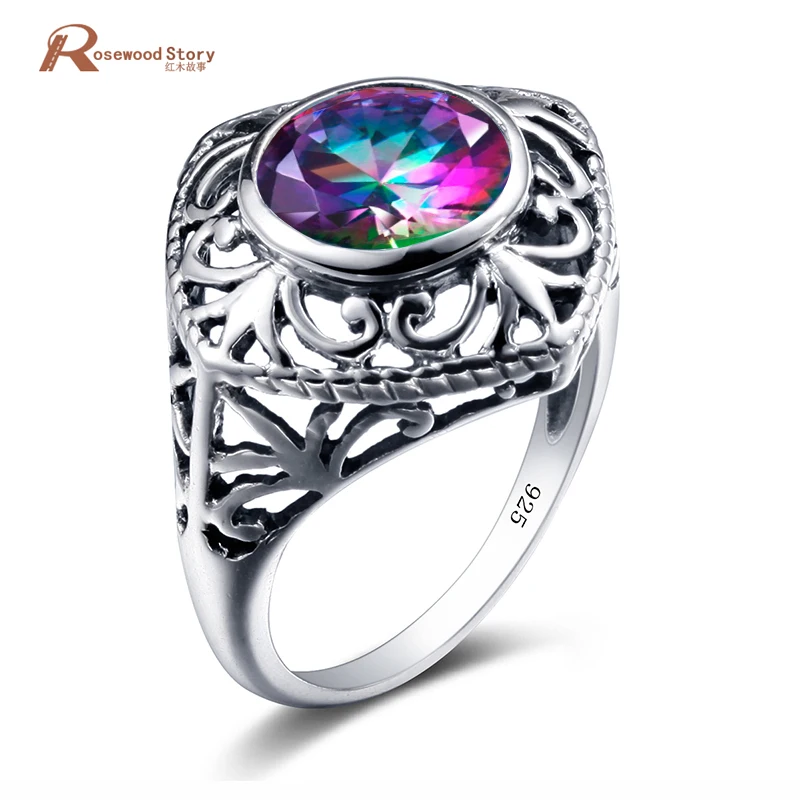 

Korean 925 Sterling Silver Love Rose Ring Cushion Mystic Rainbow Topaz Crystal Cocktail Rings Retro Handmade Women Party Jewelry