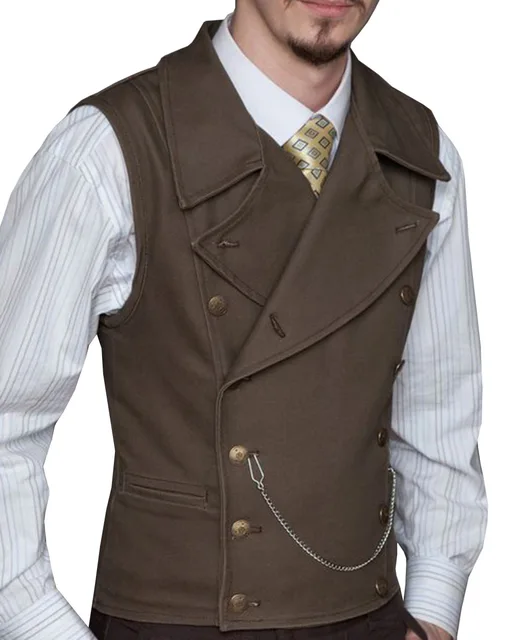 Mens Suit Vest Lapel Neck Wool Brown Waistcoat Casual Formal Double