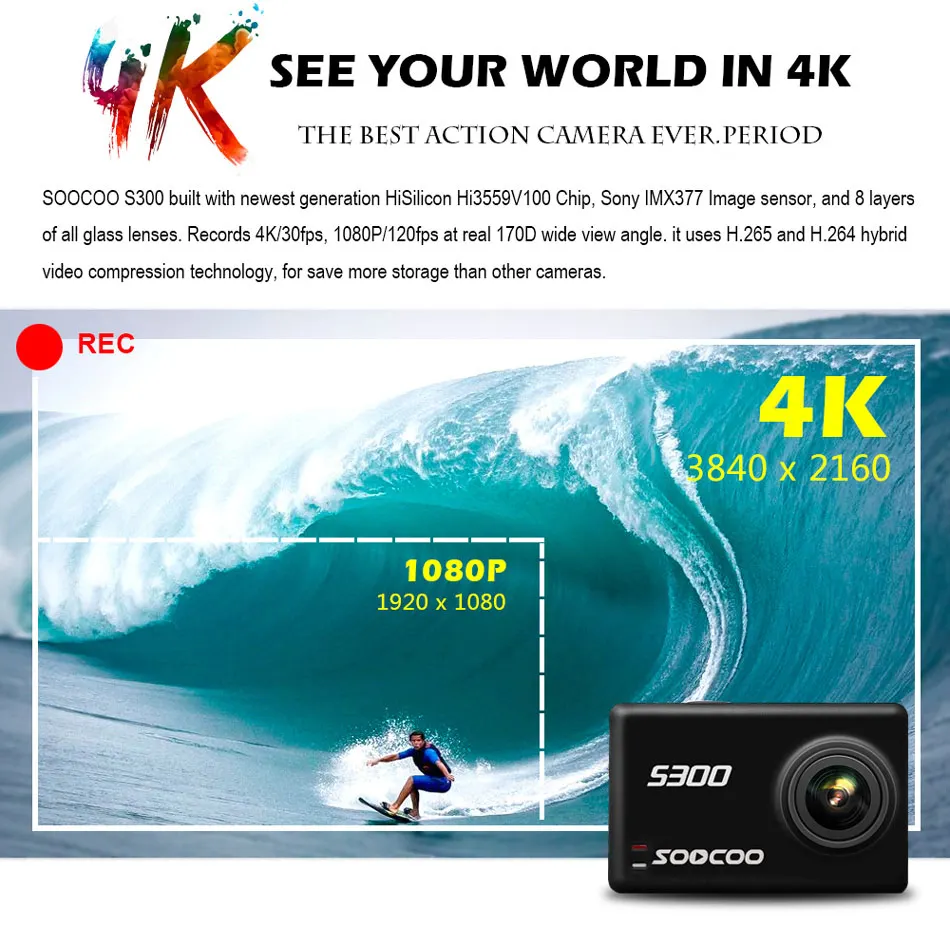 Soocoo S300 компактная водоотталкивающая Экшн-камера 4 k 30FPS 2,35 дюймовыйсенсорный экран Wi-Fi микрофон gps микрофон чехол для пульта дистанционного управления Спортивная камера 4 k