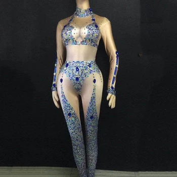 

Sparkly Blue Rhinestones Stretch Spandex Jumpsuit Women Birthday Party Dance Bodysuit Celebrate DJ Singer Show Clothes DN3213
