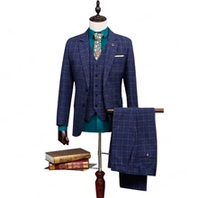Мужской строгий костюм из 3 предметов, куртка со штанами, смокинг с жилетом, свадебные костюмы для мужчин, синий обтягивающий официальный костюм в клетку для выпускного вечера