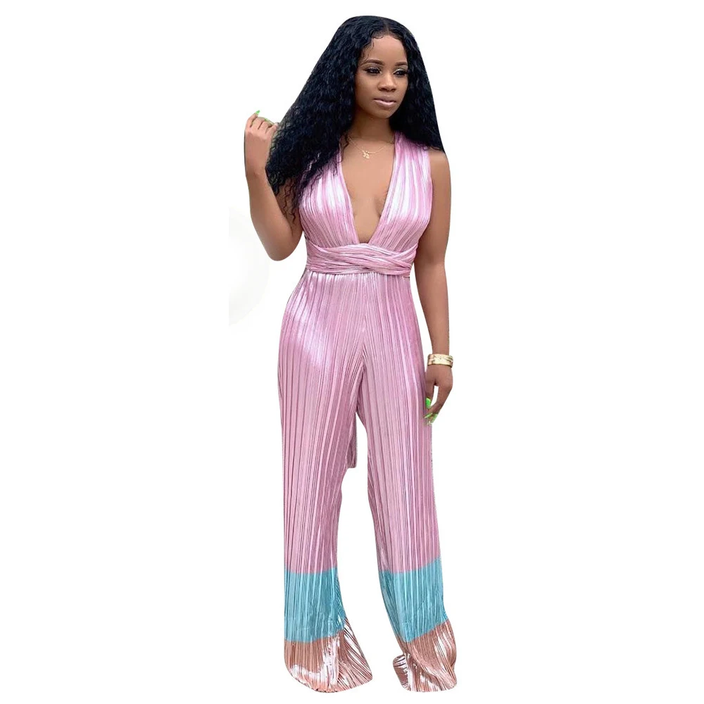 

Elegant Pink Pleated Backless Jumpsuit Women Sexy V Neck Lace Up Bandage Long Pants Rompers Office Lady Party Overalls For Women