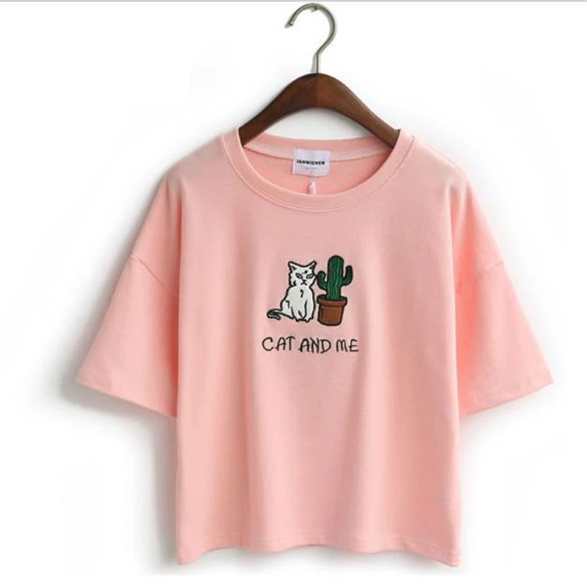 

Merry Pretty Harajuku pink t shirt women kawaii catus cat embroidery 95% cotton t-shirt girls sweet o-neck short tshirt crop top