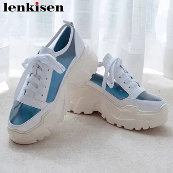 

Lenkisen new fashion pvc material natural leather patchwork sneakers cowboy thick bottom platform sneakers vulcanized shoes L77