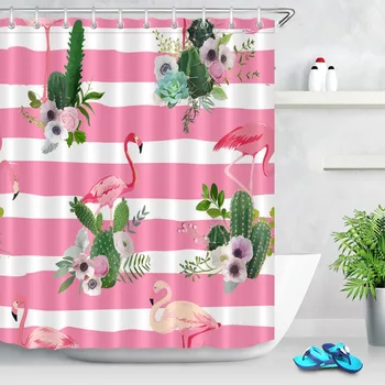 

LB Flamingo Pink And White Stripes Cactus Flower Shower Curtains And Mat Washable Polyester Bathroom Fabric For Bathtub Decor