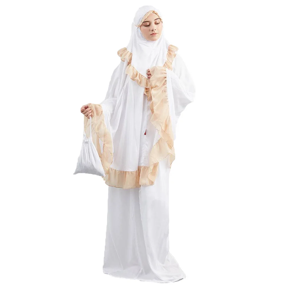 Muslim Worship Lady Thobe Gown Hijab Prayer Bat Sleeve Middle East Robe Islamic With Hood Abaya Praying Lace edge Hijab Dress