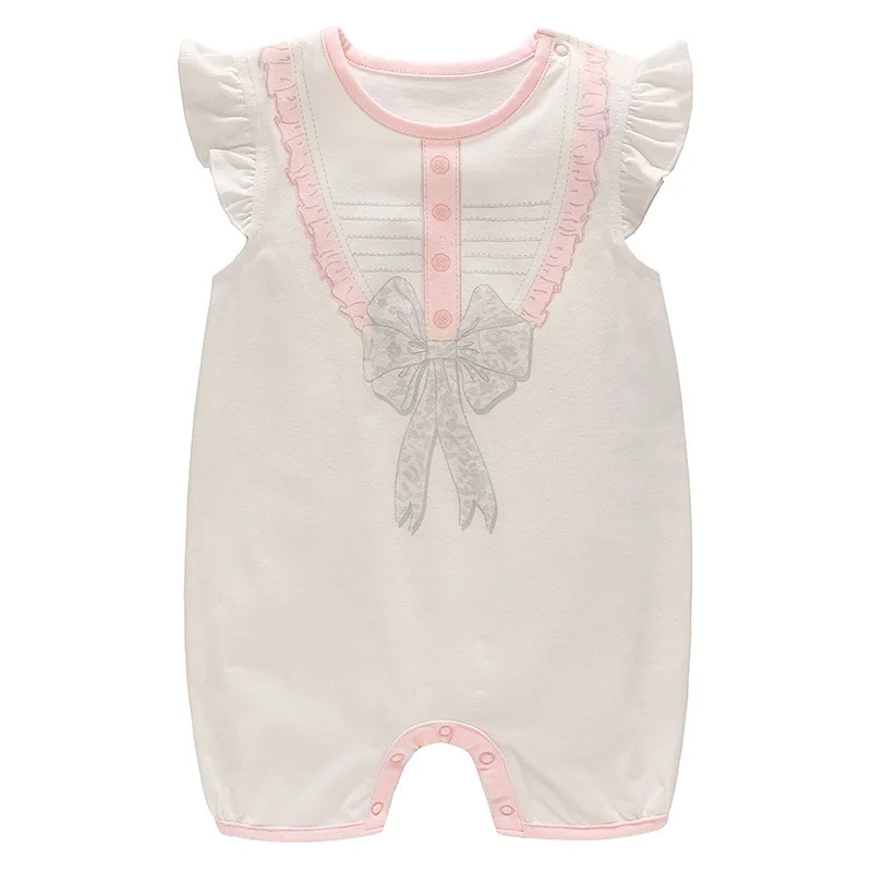 

Picturesque Childhood Baby Girl Clothes Newborn Pure Cotton Short Sleeve Print Bodysuit Sweet Cute Bow Tie Infant Costume
