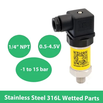 

low cost 0.5 4.5V pressure sensor, Power 5V DC, -1 bar to 15 bar, thread 1 4 inch NPT, wetted parts AISI 316L, gas, oil, water