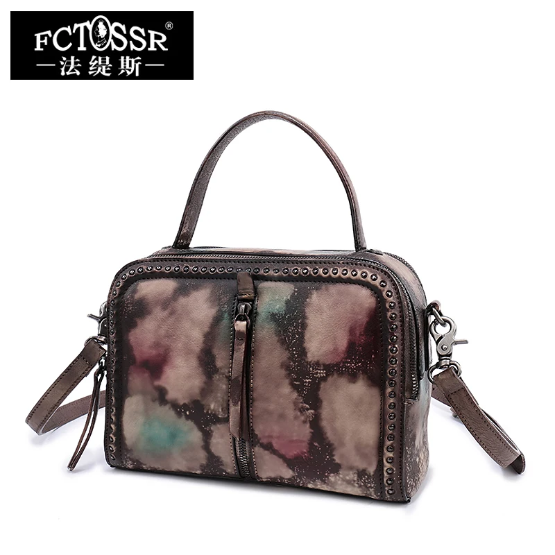 

2019 Box Women Handbag Retro Shoulder Sling Bag Head Original Genuine Leather Top handle Hit Color Leather Messnger Bag