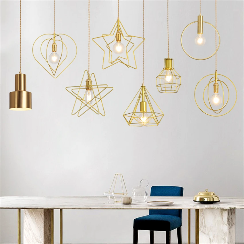 

Nordic Iron Gold Line Pendant Lights Pentagram Diamond Living Room Decorative Hanging Lamps Dining Modern Bar Aisle Fixtures