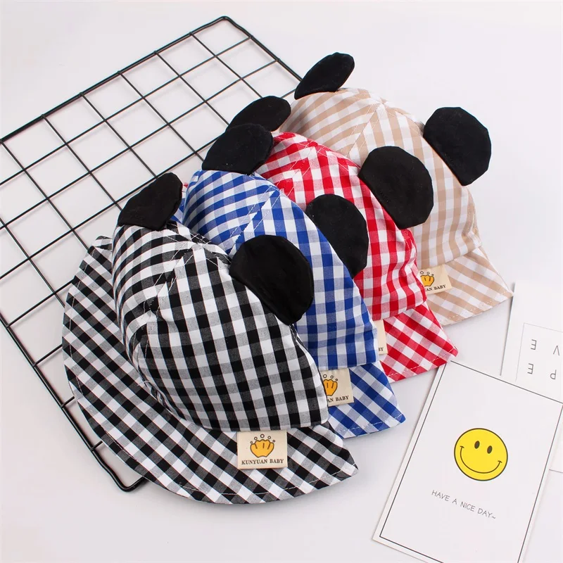 1Striped Baby Sun Bucket Hat Toddler Infant Boy Girl Black Ears UV Protection Basin Caps Cotton Breathable Fashion Grid Hat for Summer
