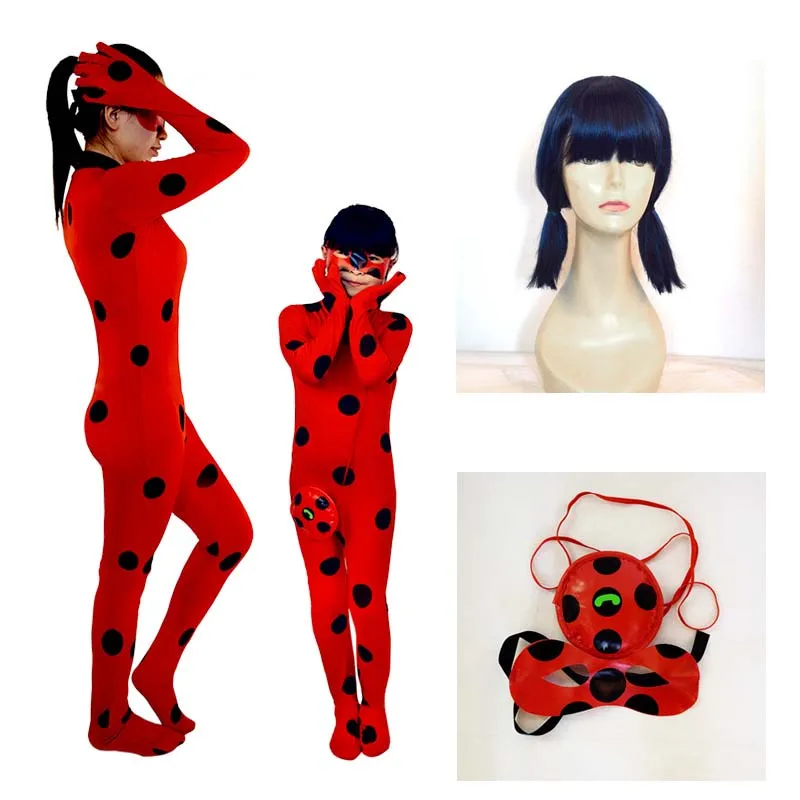 

2018 New Adult Child Size Red Lady Bug Costumes for Girls Kids LadyBug Cosplay Jumpsuit eye mask bag Spandex Lycra Zentai Suit