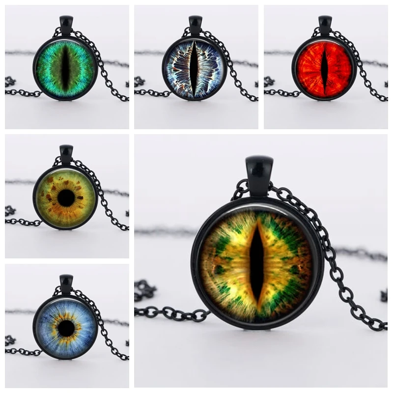 

SUTEYI Fashion Cat Eye DIY Necklace Dragon Eye Art Picture Glass Cabochon Pendant Long Chain Crystal Necklaces For Men Jewelry