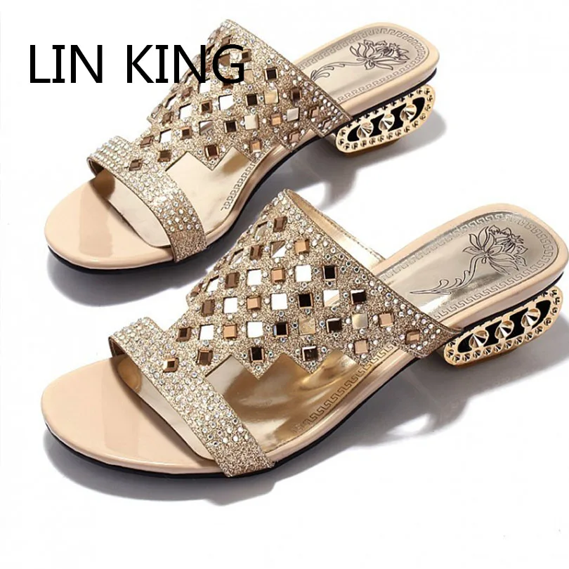 LIN KING Sexy Pierced Glitter Women Slippers Rhinestone Medium Heel Wedges Slides Anti Skid Female Summer