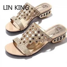 LIN KING Sexy Pierced Glitter Women Slippers Rhinestone Medium Heel Wedges Slides Anti Skid Female Summer
