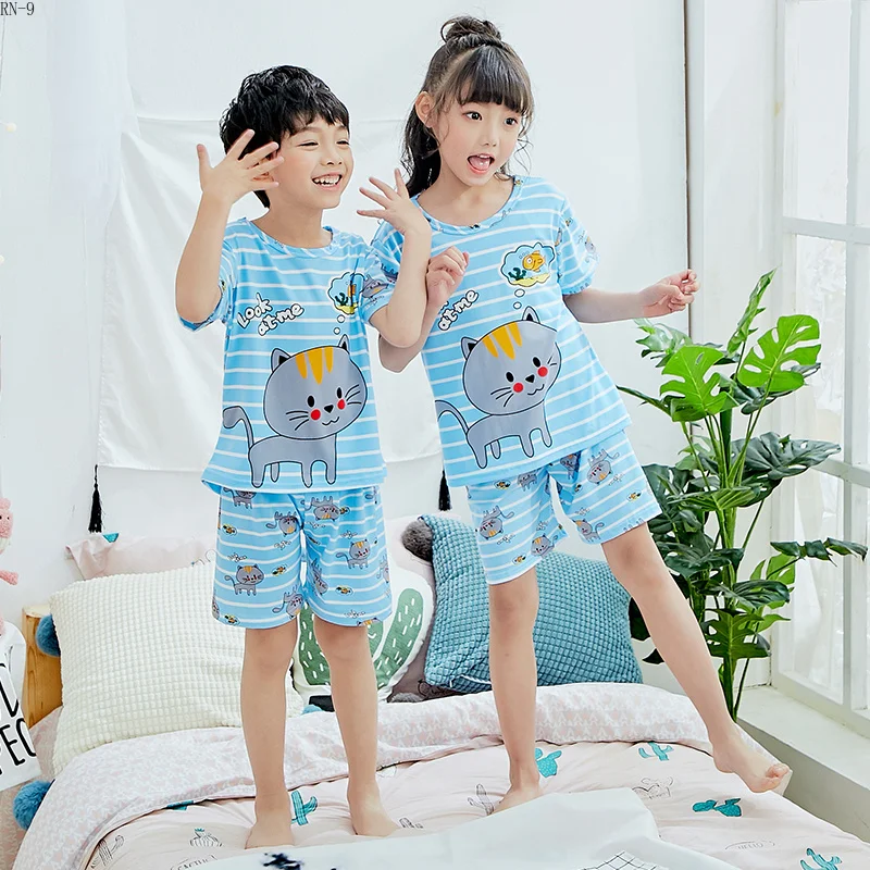 

New Boys Pajamas Suit 2019 Summer Short Sleeve Children Pajamas Suit Blue Girls Sleepwear Set Cartoon Kids Pyjama Set Loungewear