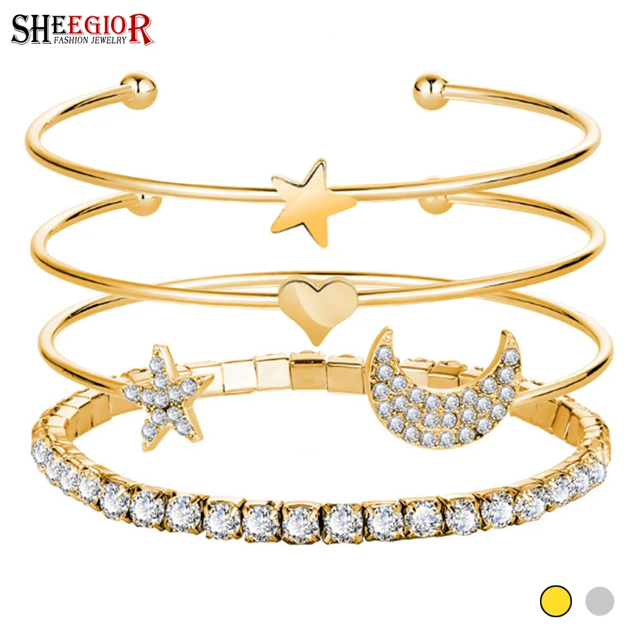 

SHEEGIOR Gold Silver Bangles Bracelets for Women Accessories 4pcs/set Love Hearts Crystal Moon Star Cuff Bracelet Indian Jewelry