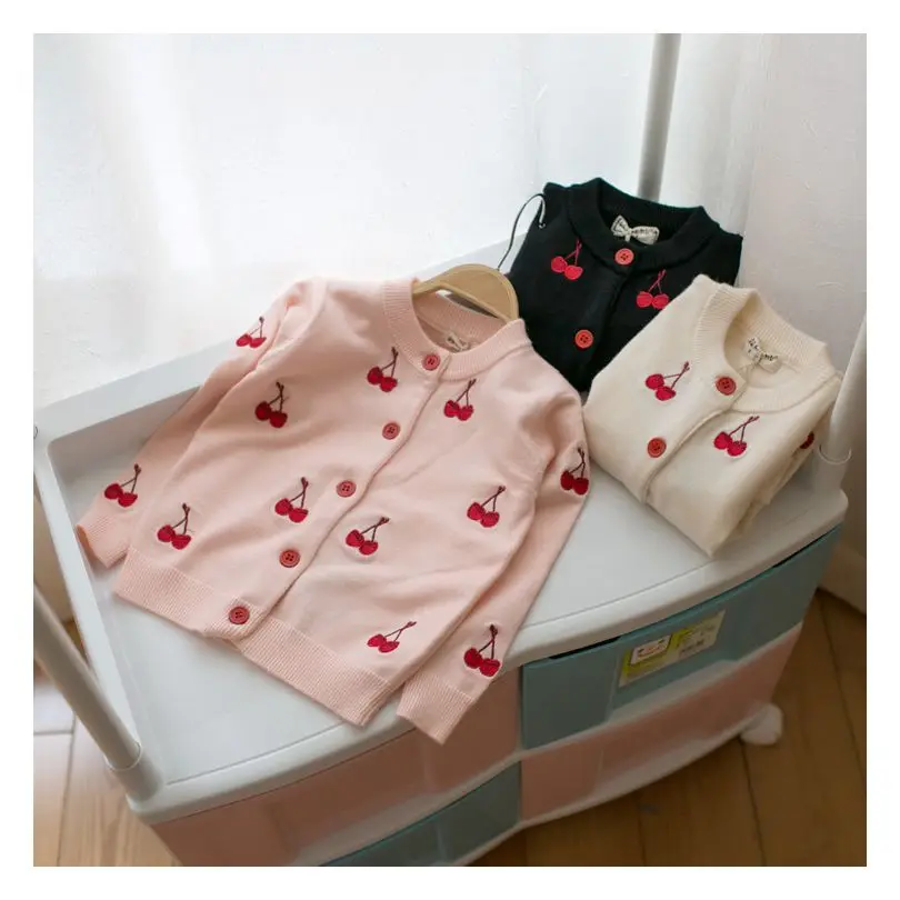 

New Hot Children Clothing Kids Sweater Knitted Sweater Girls Sweater Cherry Embroidery 2016 Autumn Winter Kids Cardigan For 2-7Y