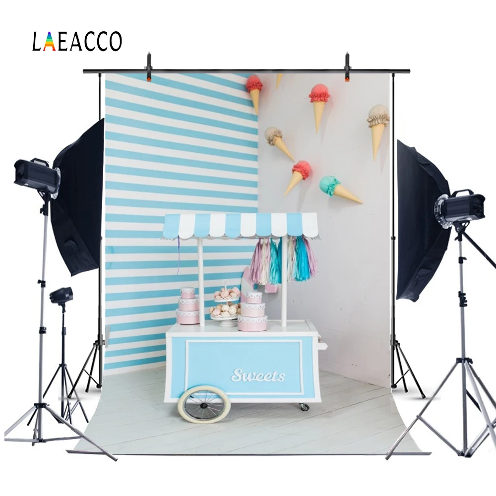 Laeacco Sweets Cake Ice Cream Cart House Baby Children Birthday Scene Photography Background Photographic Photo Backdrop Studio 