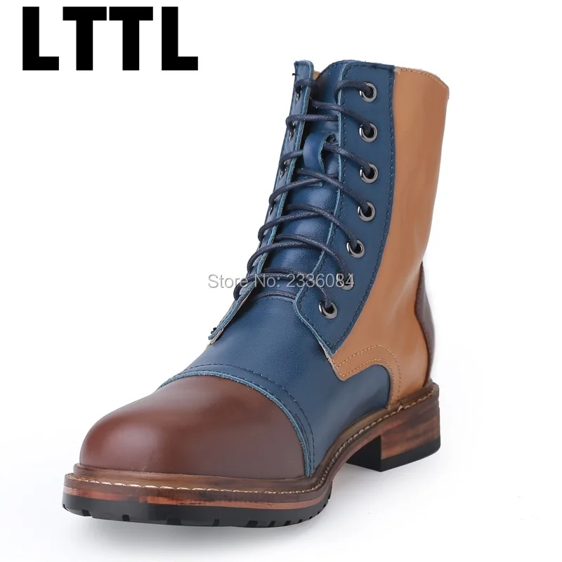 

2018 autumn / winter leather martin ankle boots british style lace up boot color block decoration low heeled flats patchwork