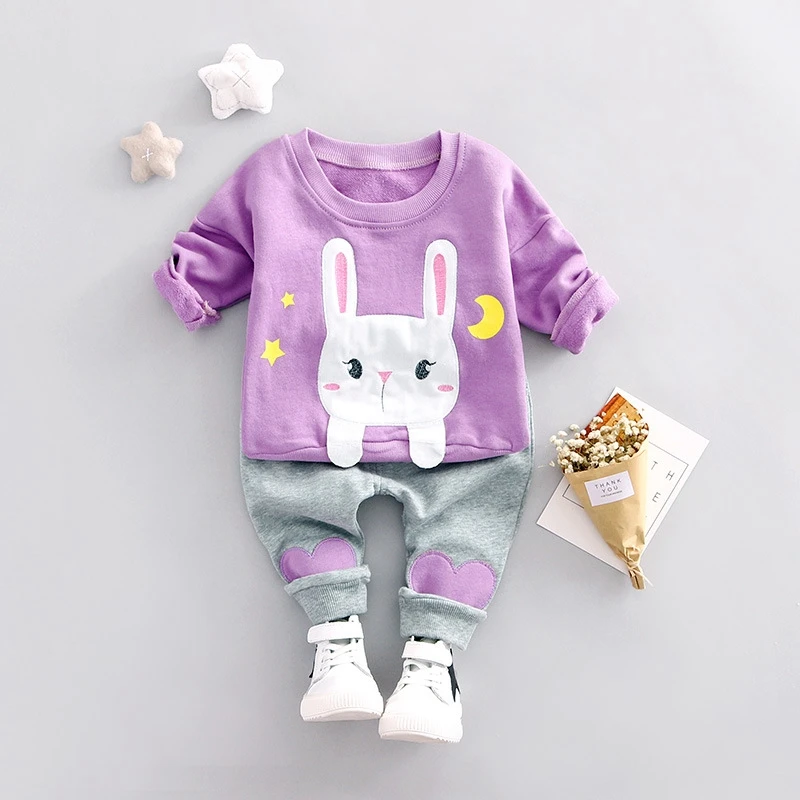Осенняя хлопковая футболка с длинными рукавами и милым кроликом для маленьких девочек Топы+ штаны с сердечками комплекты из 2 предметов комплекты детской одежды roupas de bebe