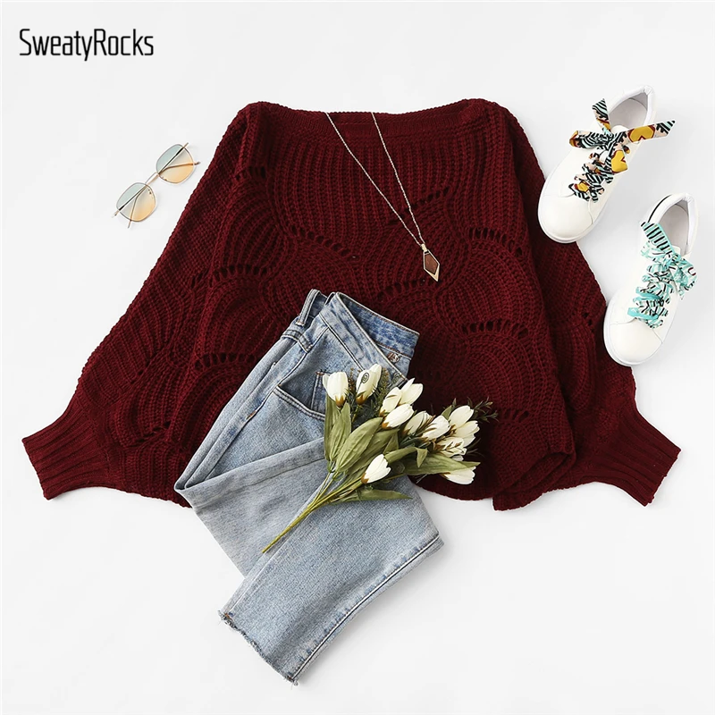 SweatyRocks Burgundy Eyelet Detail Scallop Trim Oversized Sweater Batwing Sleeve Boat Neck 2018 New Autumn Lady Women Sweaters