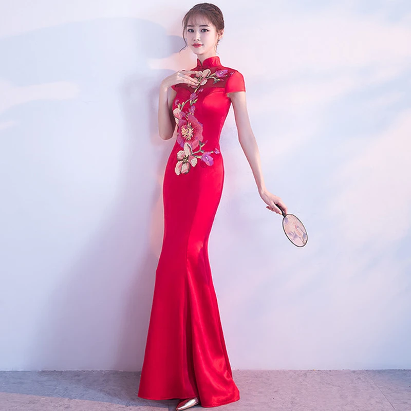 Красный китайский стиль свадебное платье Чонсам Ретро Сексуальное Тонкое вечерние платья свадебное платье Qipao винтажная Дамская одежда Vestidos