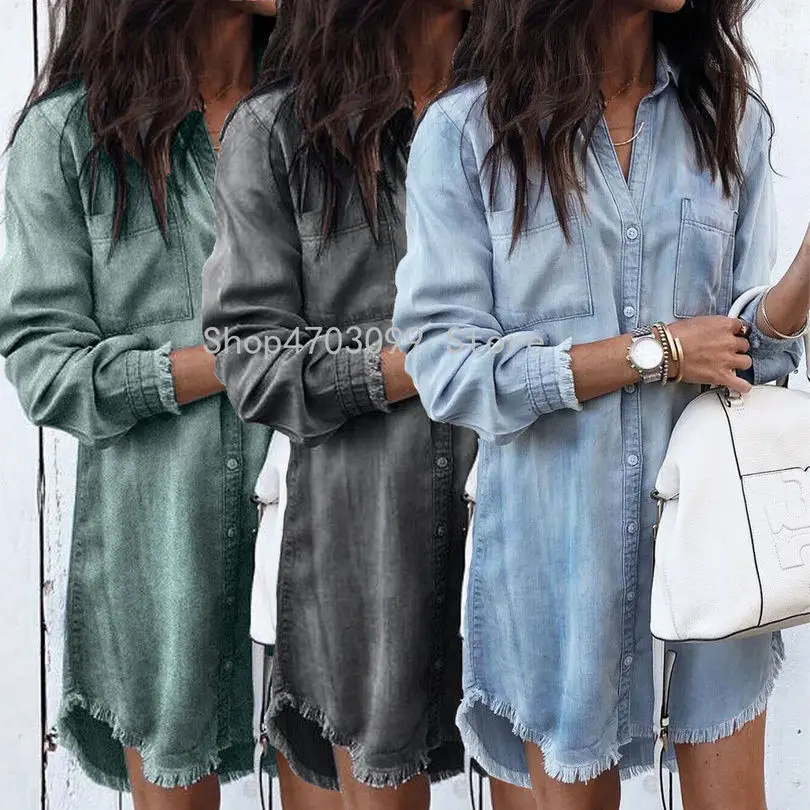 

Fashion Women Long Sleeve Loose Denim Shirts Dress Summer Casual Female Mini Dress Ladies Turn-down Collar Shirt Short Dresses