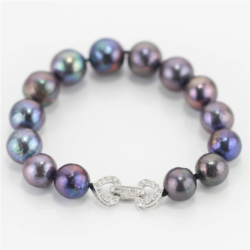 

SNH 925 sterling silver clasp 10-12mm AA peacock edison natural freshwater black pearl bracelet free shipping