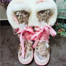 comemore милый heavy duty Стразы с бантом розовый мех кролика лоли женские сапоги на шнуровке, кожаные высокие туфли из хлопка