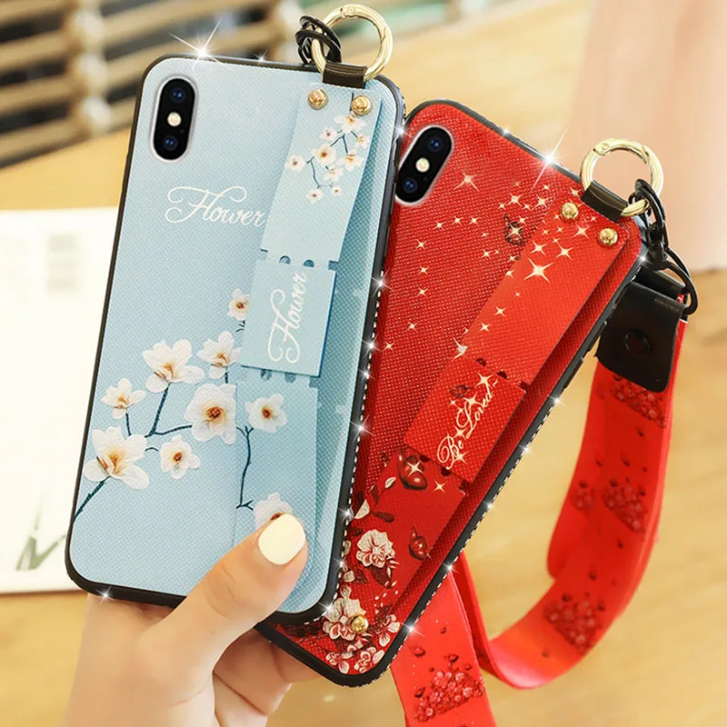 

For iPhone 6 Plus Mobile Phone Case Flower Pattern For Apple iPhone 6 6S Plus Anti-fall Wristband Case For Diamond Back Cover