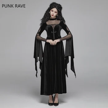 

Punk Rave Women Gothic Dress Black Gorgeous Victorian Hollow Out Double Layer Sleeve Sexy Lace Decration Evening Dress