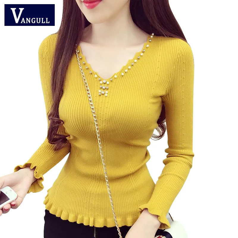 

Vangull Women Sweater 2019 New Spring Autumn Beading V-neck Knitted Tops Solid Slim Elasticity Knit Pullover Sweaters Female