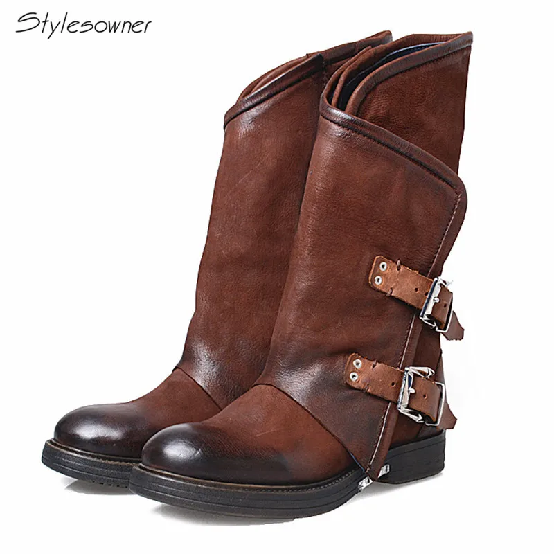 

Stylesowner Rome Style Genuine Leather Buckle Flat With Bottom Boots Zipper Side Round Toe Over The Ankle High Boots For Women