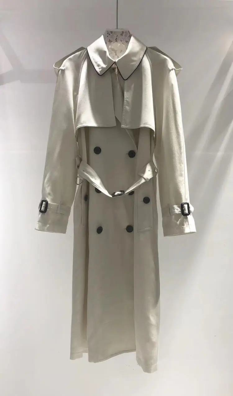 

2019 new ladies high quality fashion long-sleeved lapel solid color belt trench coat 0712