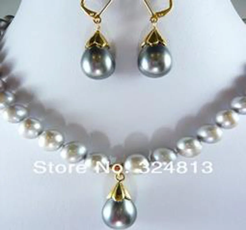 

2018New Charming Gray Cultured Pearl&Shell Pearl Necklace Earring AA487High-quality grace marry fashion