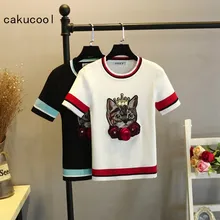 Cakucool новая вязанная футболка женская летняя нашивка "Кошка" 3D Цветочный Embroid пуловер тонкая, с коротким рукавом тройник тянуть Тонкий джемпер Топы Femme