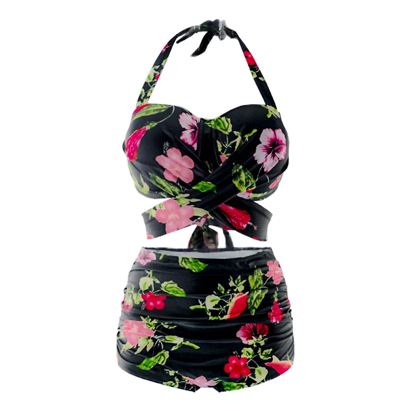 

New US 50'S Vintage Plus Size Hight Waist Bikinis Push-up Swimsuit 2018 Print Bathing Suit Adjustable Halter Underwire Paddes