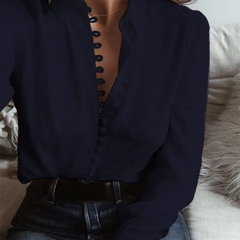 Топ Мода ZANZEA Blusas Повседневная однотонная блуза с отворотом и длинным рукавом на пуговицах Сексуальная женская элегантная деловая рубашка свободные пуловеры - Цвет: Navy