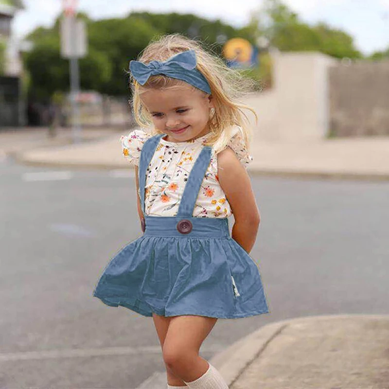 

Flower Print Girls Summer Clothes Set 3Pcs Kids Clothes Sleeveless Tops+soft Skirt+Headband Girls Clothes For 2-5 Years D30