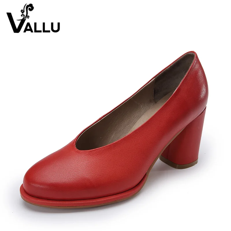 

2018 VALLU Genuine Leather Women Pumps Round Toes Block Heels Ladies High Heel Shoes Women Dress Shoes