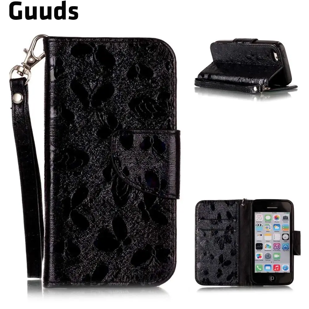 Luxury Laser Butterfly Optical Maser Leather Wallet Case for iPhone 5c - Black