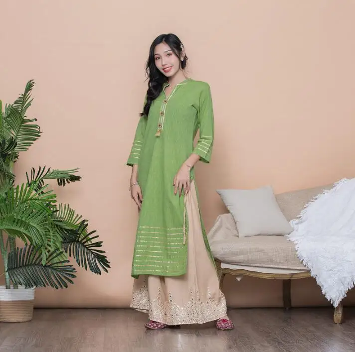 Woman Fashion Ethnic Styles Sets Print Cotton India Dress Lady Long Green Top And Pants