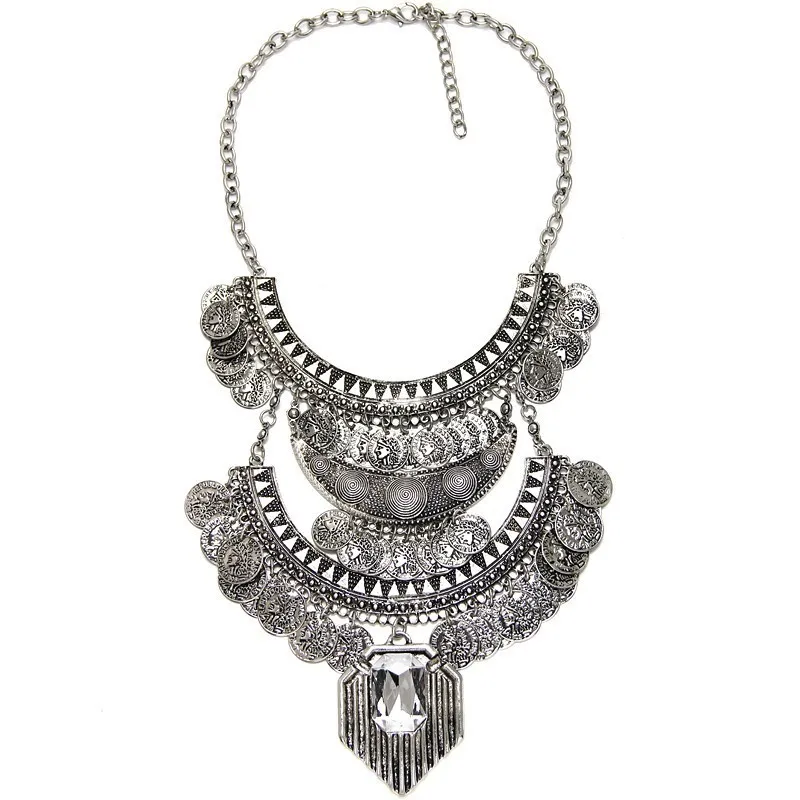Винтажное серебряное большое ожерелье-чокер с большим воротником, женское индийское этническое ожерелье с подвеской, женское богемное длинное цыганское ожерелье