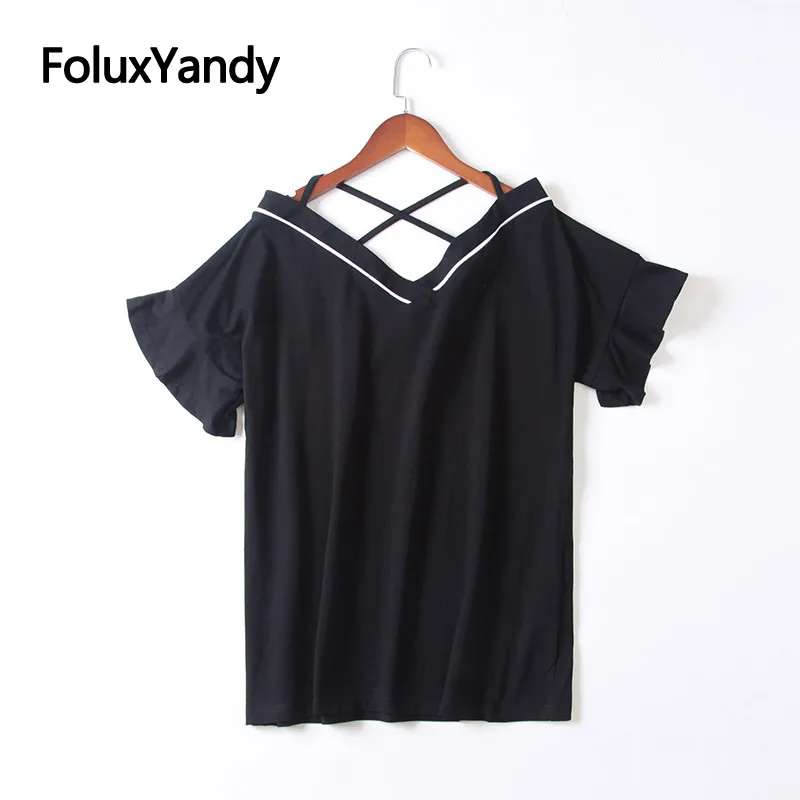 

Backless Tops Women Plus Size Short Sleeve T-shirt Loose Flare Sleeve V-neck Tops Black KKFY3558