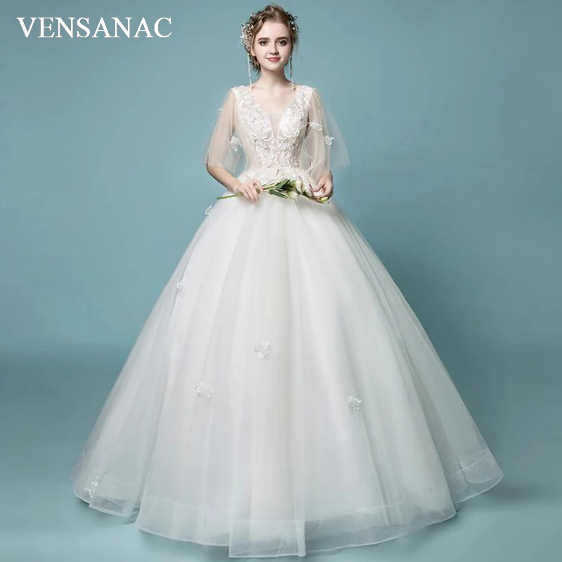 

Венсанак 2018 бальное платье с треугольным вырезом и цветочной аппликацией, элегантные кружевные платья с коротким рукавом, свадебные платья с глубоким вырезом на спине